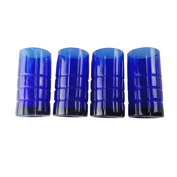 Vintage 4 Tartan Cobalt Blue Anchor Hocking Manchester Glasses Tall 16 Oz Heavy - Picture 2 of 8
